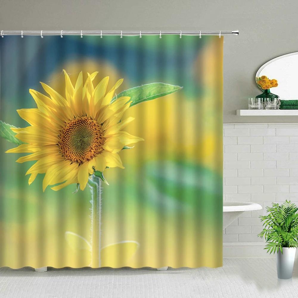 Flowers Shower Curtains Tulip Sunflower Rose Floral Plant Bathroom Scenery Bathroom Decor Polyester Fabric Bathtub Curtain Set
