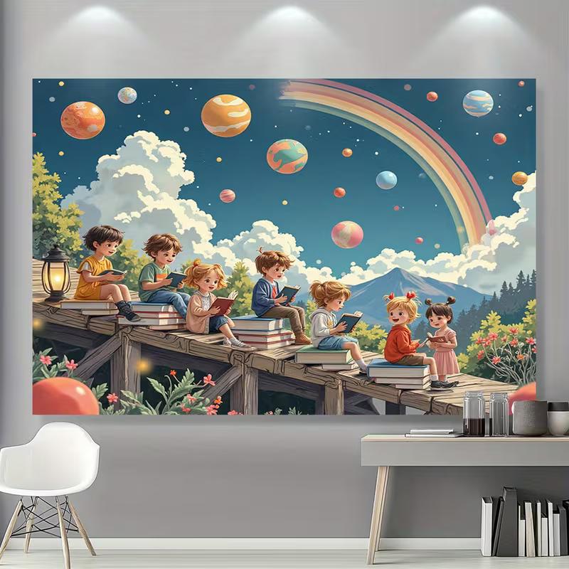 2D Children Reading Books Space Rainbow Background for Photoshoot