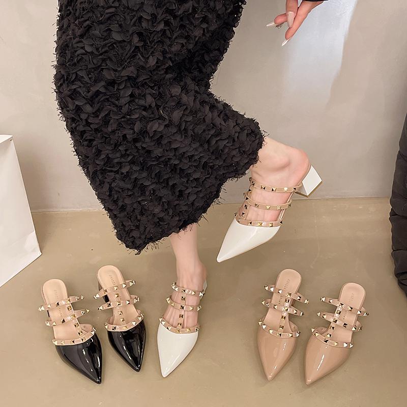 Sexy Women Pointed Toe Slippers Summer Mules Shoes Woman Heeled Sandals 2025 Trend Dress Pumps Shallow Chunky Slingback Slides
