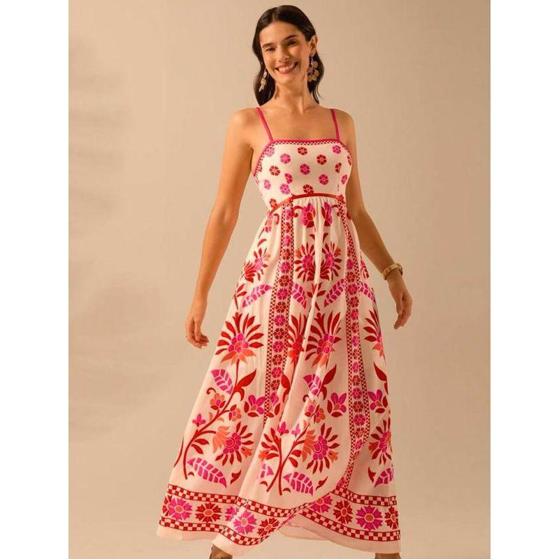 Printed Dress 2025 European and American Summer New Vacation Foreign Trade Women clothes Flowers Print Sling Dress