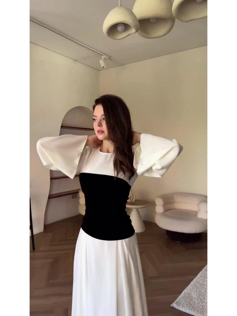 2023 Autumn Black & White Patchwork Waist-Slimming Socialite Maxi Dress for Women