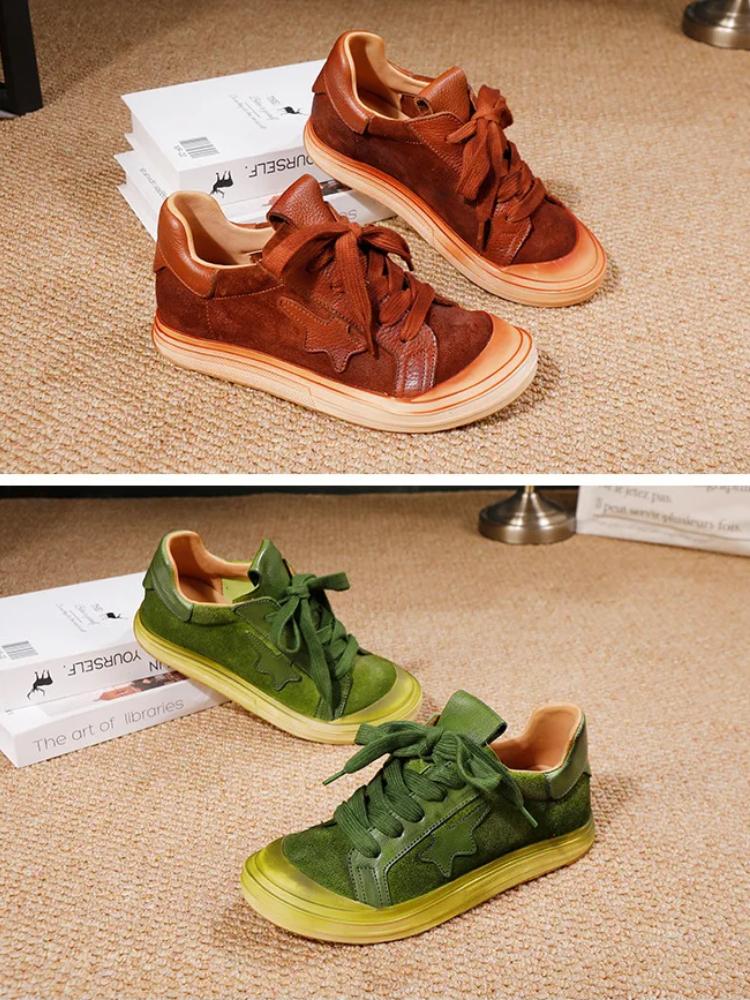 Johnature Versatile Women's Shoes Genuine Leather Solid Color Lace Up Casual Cowhide Soft Soled Flat Shoes