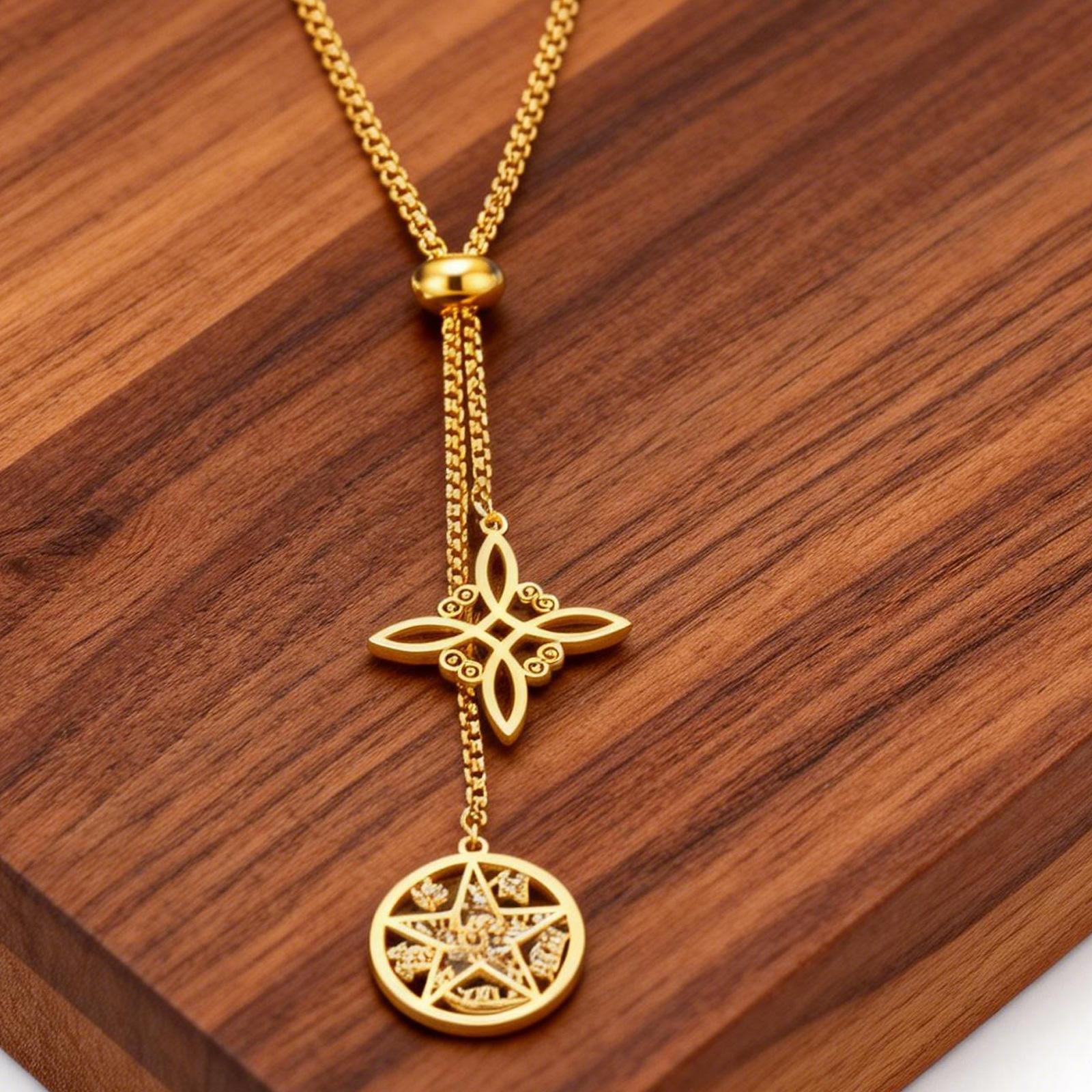 

Tetragrammaton Pentagram and Witch Knot Necklace Long Box Chain Double Pendant Amulet Necklaces Witchcraft Jewelry Couple Gifts 75cm