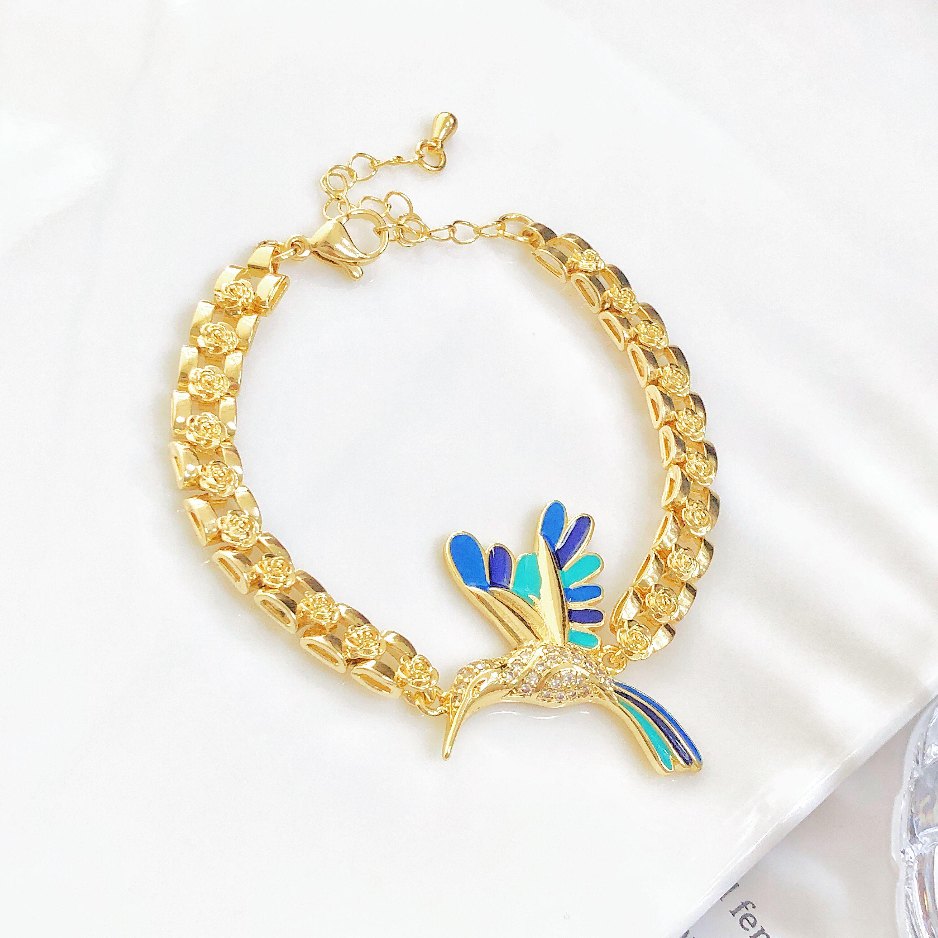 

New Creative Gold-Plated Zircon Hummingbird Rose Flower Chain Bracelet Luxury for Women Girls Daily Wear Zircon Birthday Gift