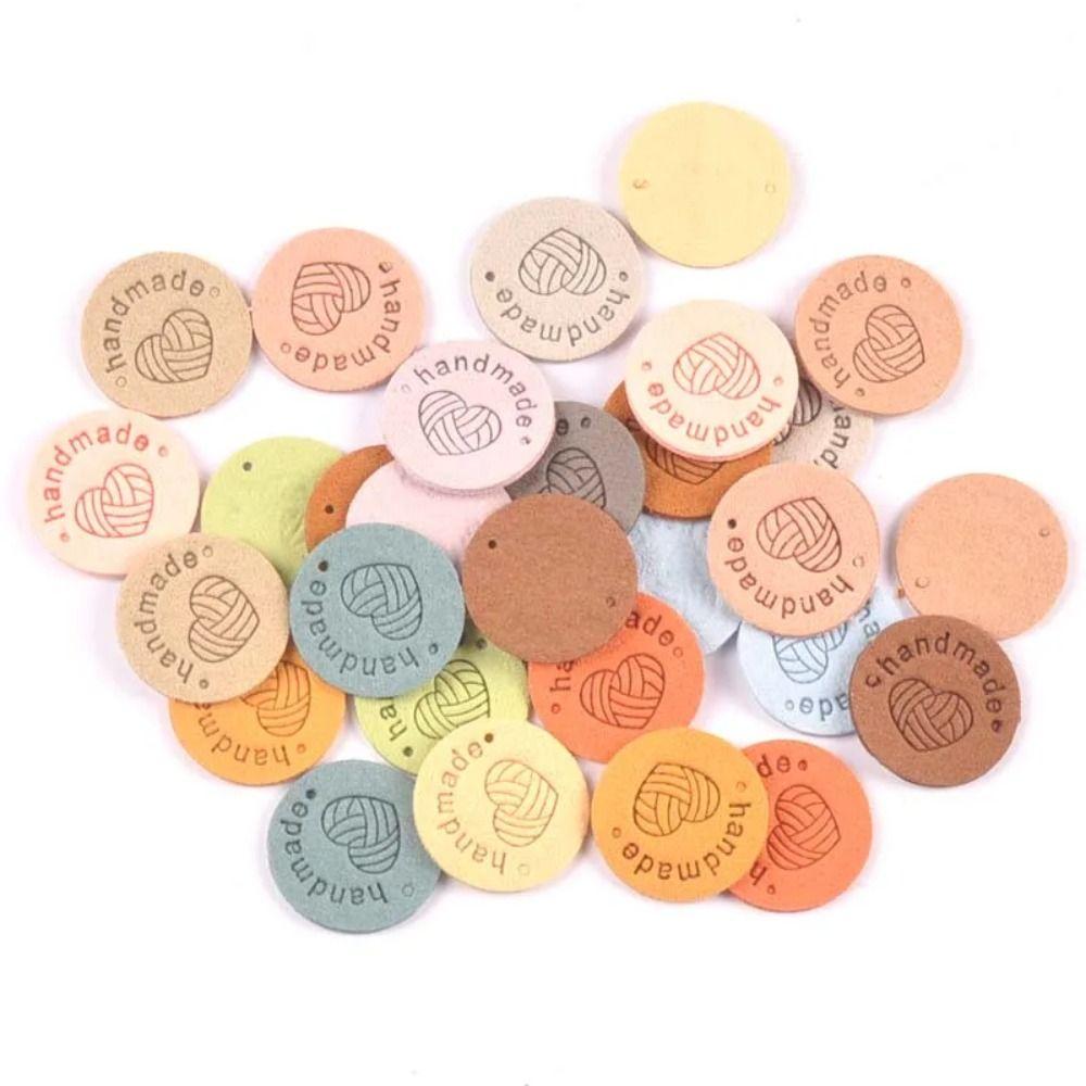 

20PCS Colorful Cloth Labels Yarn Ball Leather Labels Round Handmade Labels Sewing