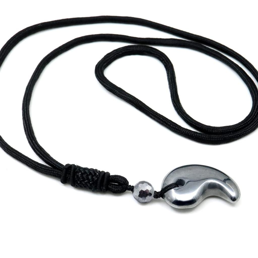 [GOLD STONE] Terahertz Ore Magatama String Necklace with 8mm Beads, Health Amulet, Terahertz Power Stone, Natural Stone Pendant