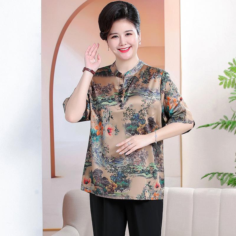 7XL Plus Size Summer Xiangyunsha Set for Middle-Aged & Elderly: Loose Mid-Sleeve T-Shirt Two-Piece for Tummy-Hiding Comfort.