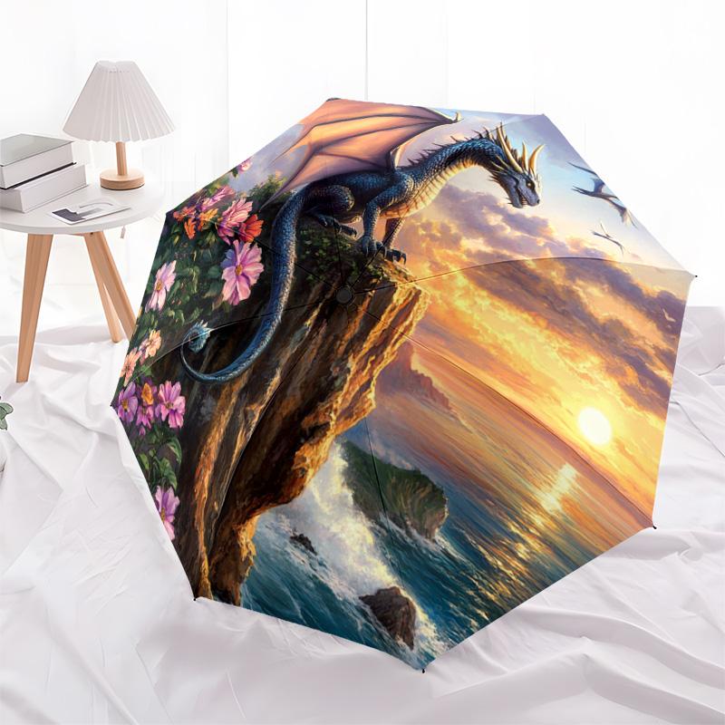 1 PC Automatic Folding Umbrella - Dragon Sunset Pattern, Portable & Foldable Design with 8 Ribs, Christmas Birthday Gifts