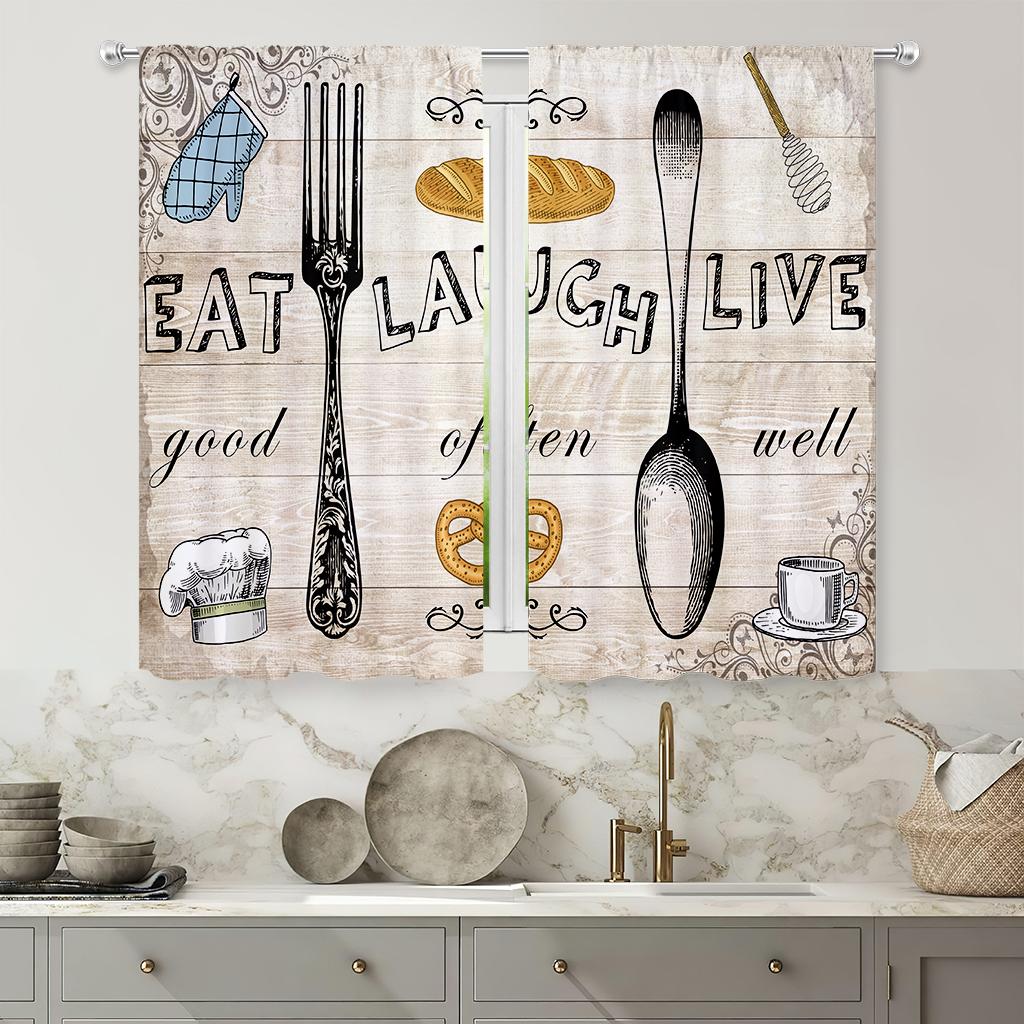 Retro Kreativer Druck Vorhang, Stangentasche, Küche, Esszimmer, Wohnzimmer, Dekoration, 2 Stück