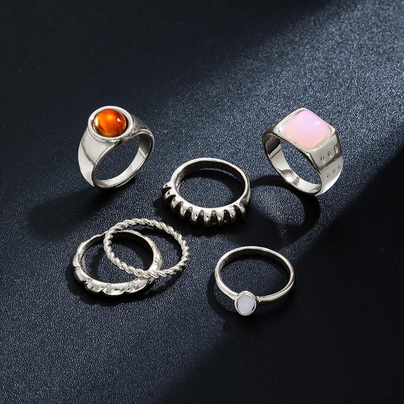6Pcs/Set 2026 New Brown Stone Widened Opening Rings Set for Women Simple Twisted Lines Personality Finger Rings Party Jewelry