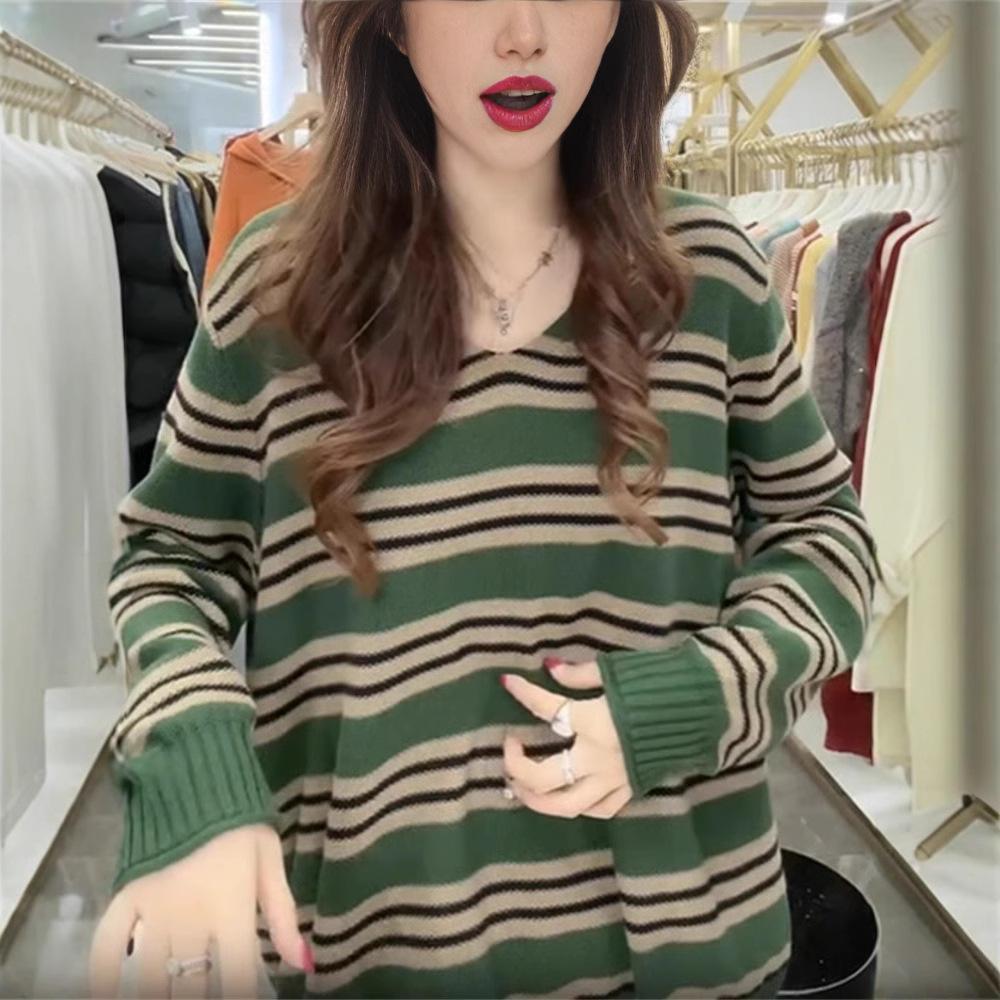 Women's V-neck Striped Knitted Shirt with Contrast Splicing and Fashionable Western Style Bottom Coat