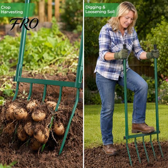 Heavy Duty Garden Fork 5-Tine Broad Fork, Pitchfork with Dual Handles, Gardening Hand Tiller, Digging for Planting, Gardening, Soil Aeration
