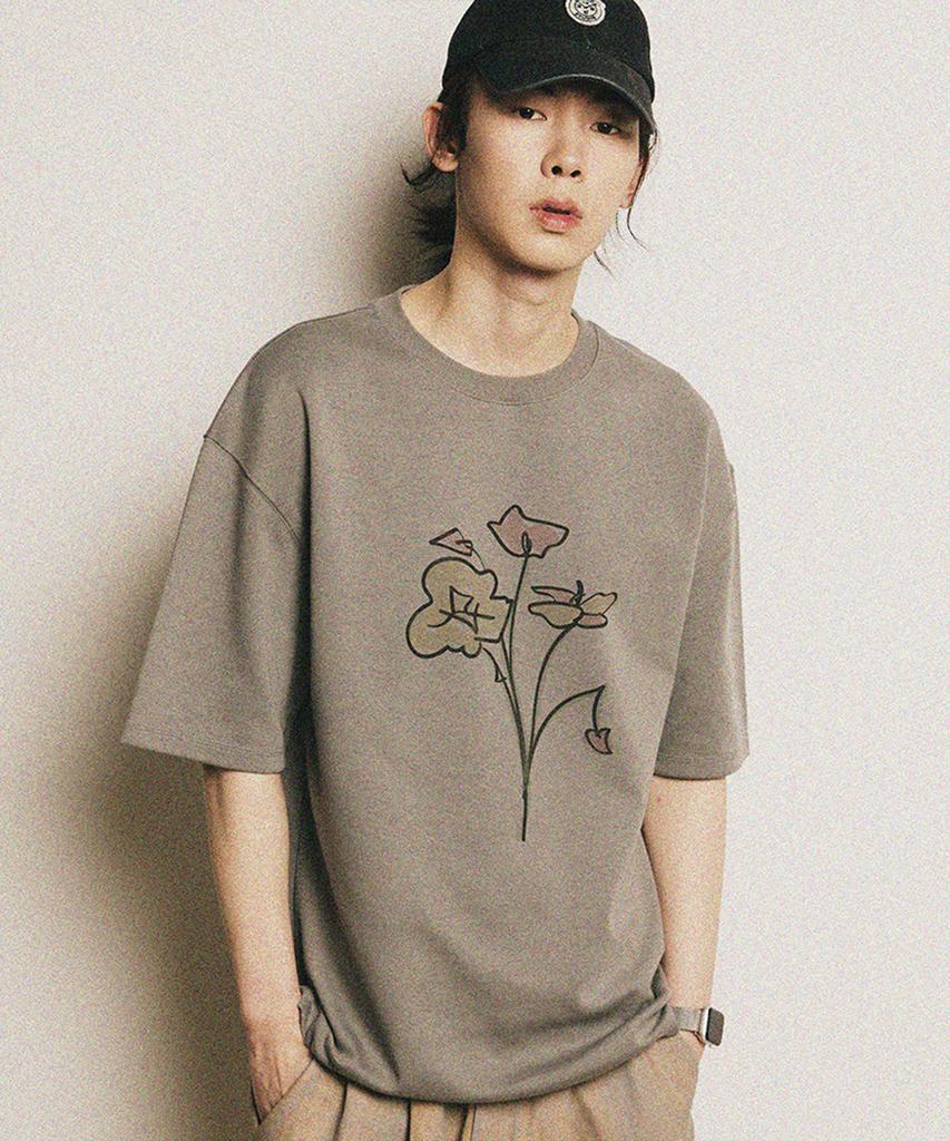 FFEFF STUDIO Artwork Flower Drawing Short Sleeve T-Shirt (Cement)
