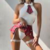 School Uniform Dress Up Red Plaid Backless Split Skirt Girl Sex Underwear Three-piece Set