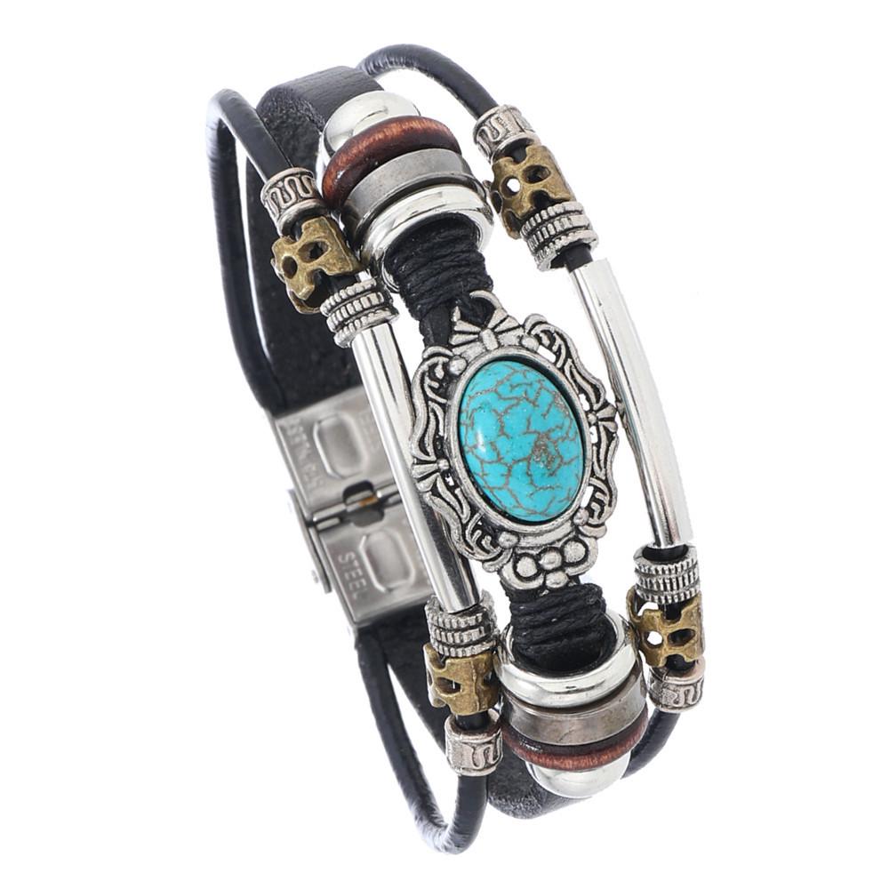 

Men s Bohemian Turquoise Beaded Leather Bracelet with Stainless Steel Buckle