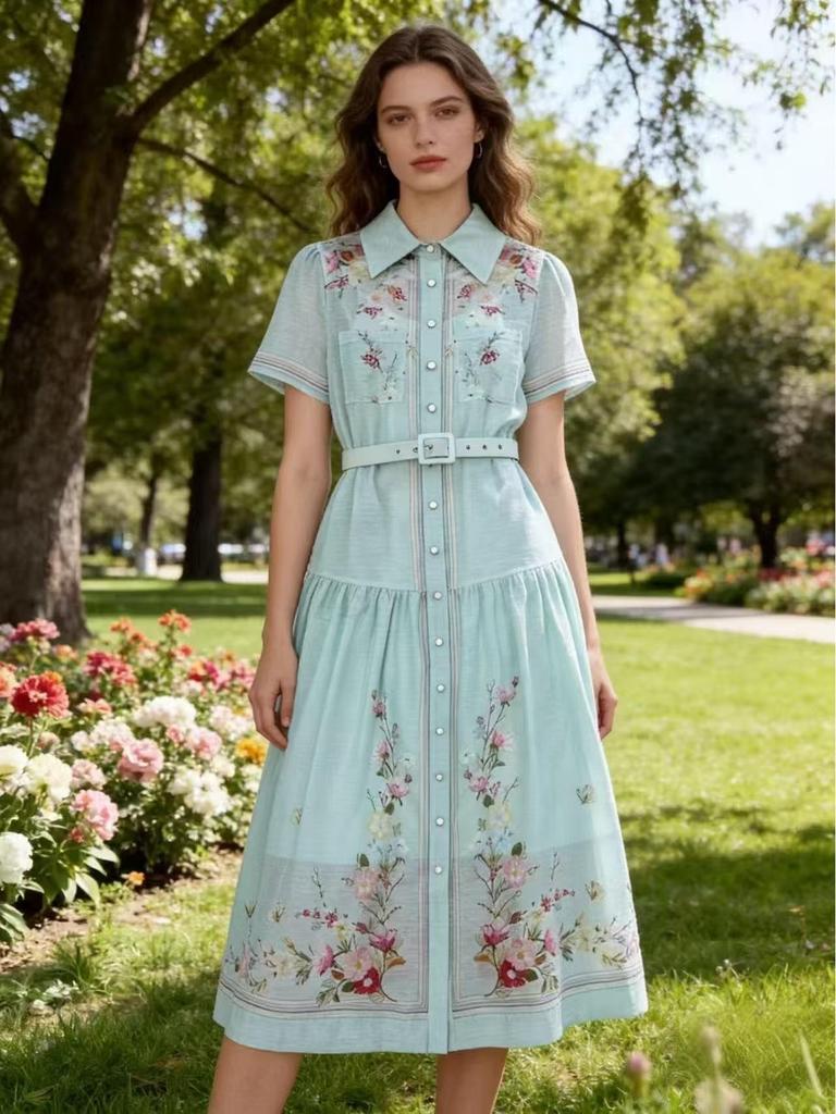 Elegant Holiday Print Belted Shirt Dress with Lapel Collar and Slim Fit