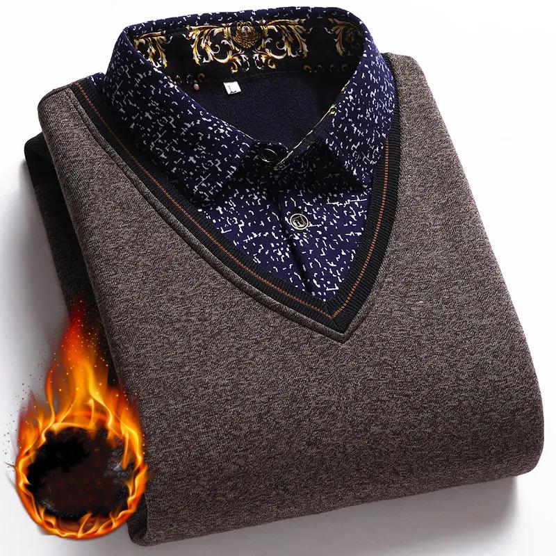 

Мужской осенне-зимний вязаный и плюшевый толстый свитер, удобная и теплая рубашка поло для людей среднего и пожилого возраста 3XL хаки