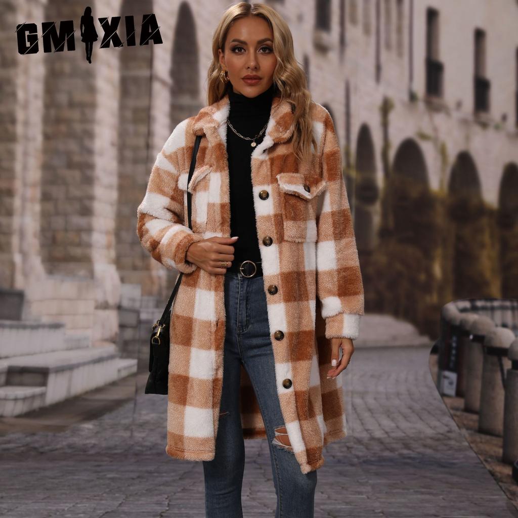 GMXIA Fashion Autumn and Winter Women's Lapel Long-sleeved Loose Checkered Single-breasted Long Plush Casual Coat