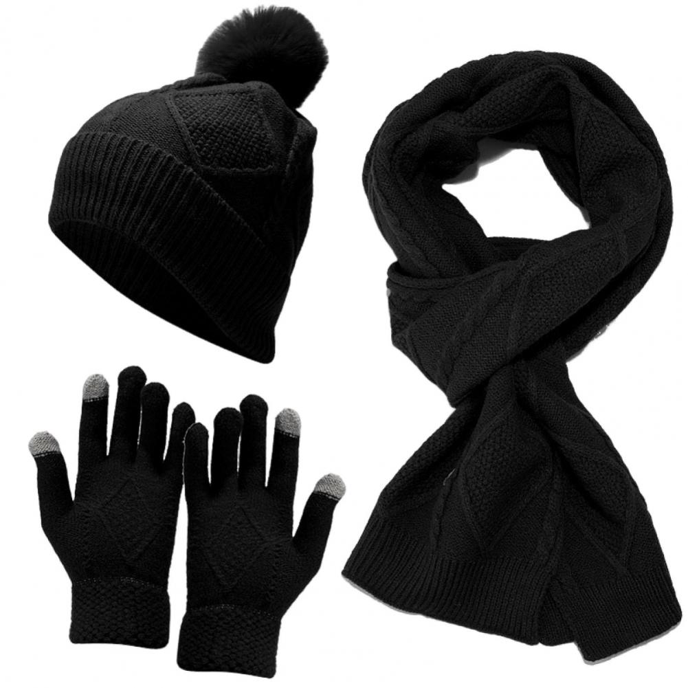 3 Pcs/Set Men Winter Hat Scarf Gloves Set Thick Knitted Warm Elastic Ear Five Fingers Windproof Winter Outdoor Cyclin