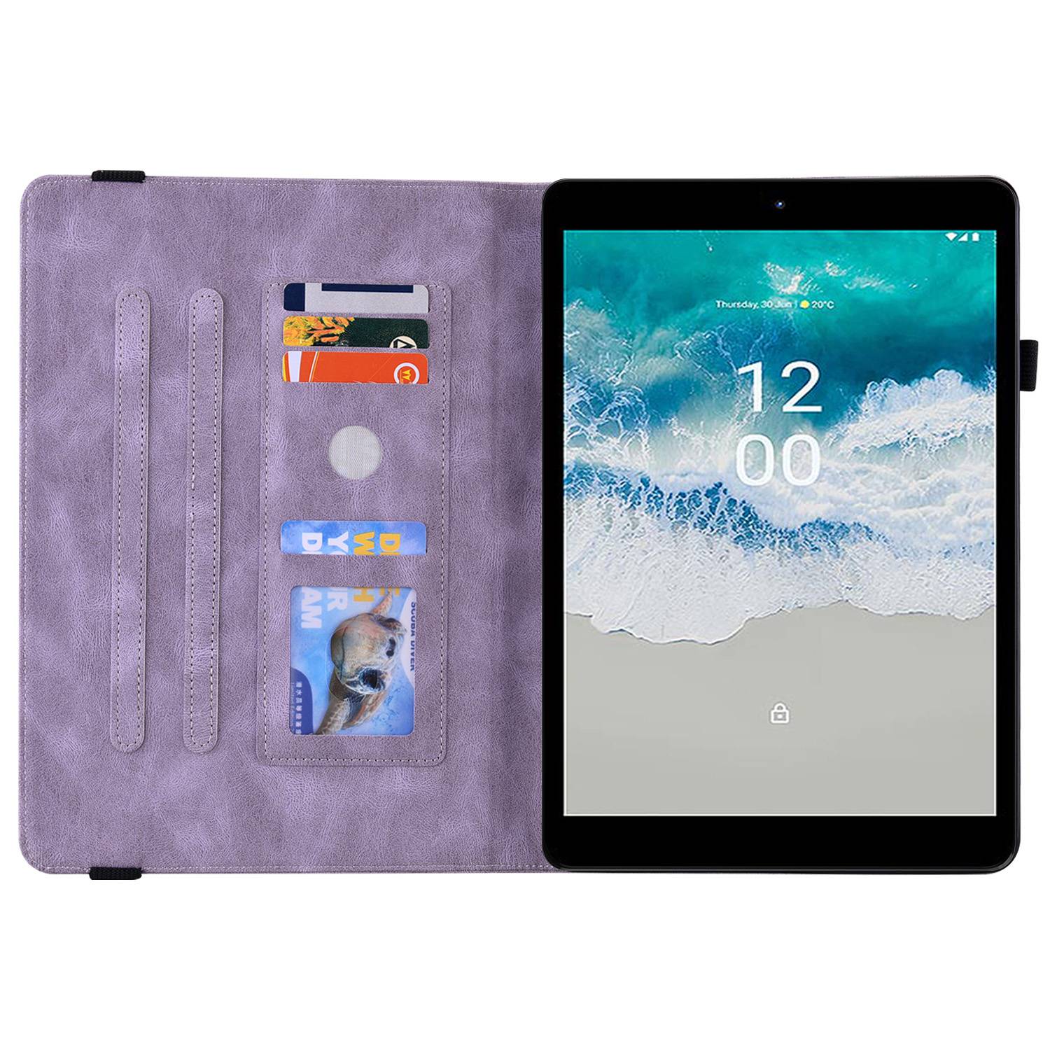 

For Nokia T10 Imprinting Butterfly Flower Pattern Tablet Case PU Leather+TPU Anti-scratch Stand Card Holder Shell Purple