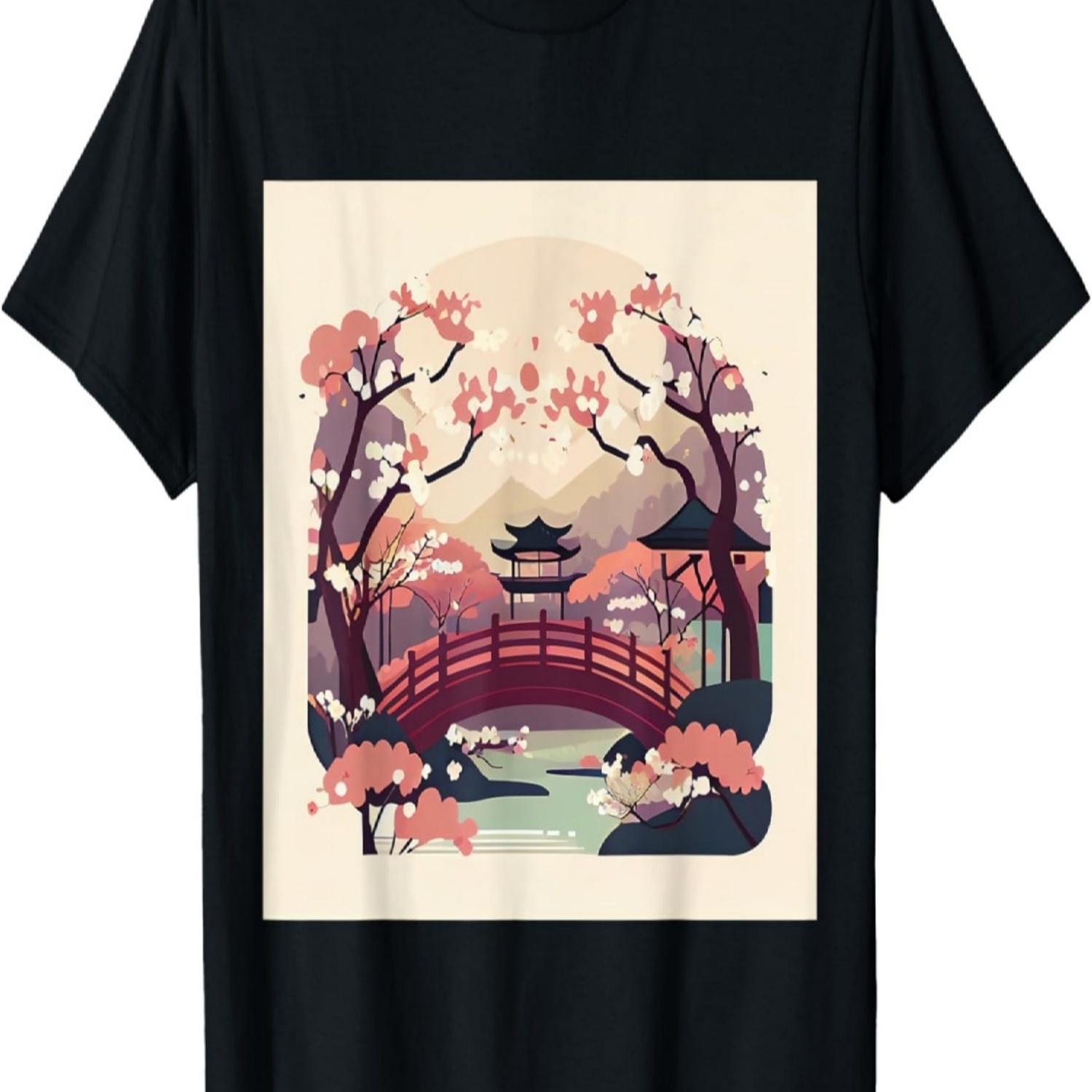 Kawaii  wooden bridge cherry blossom garden pastel T-Shirt S чёрный
