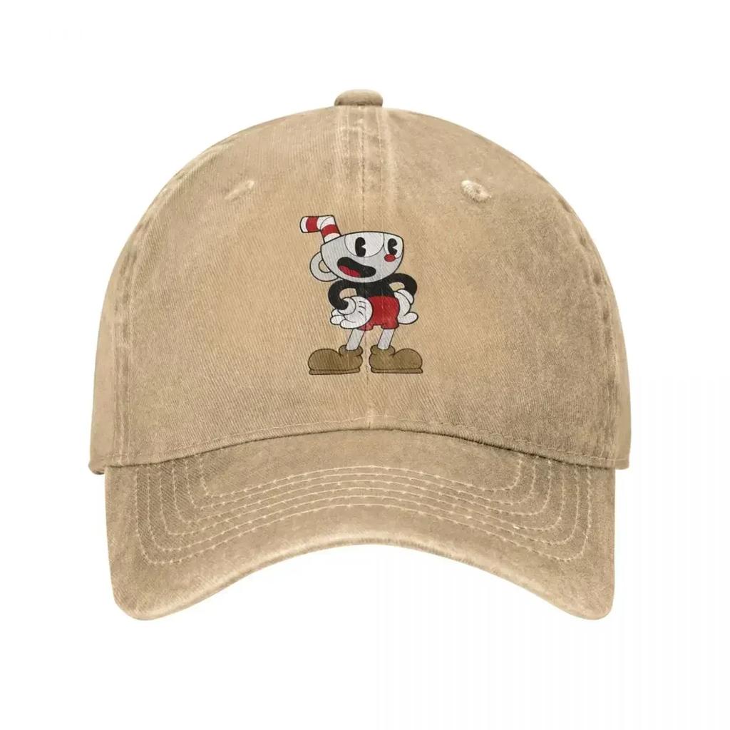 Cuphead Pose Cuphead Baseballkappe Mode Used-Denim Gewaschene Kopfbedeckung für Männer Frauen Outdoor-Aktivitäten Kappen Hut