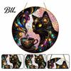 Moon Cat Wall Hanging Halloween Window Decor, Mystical Black Round Sign Cute Accessory for Indoor Outdoor Art, Gothic Home Porch Door Ornament