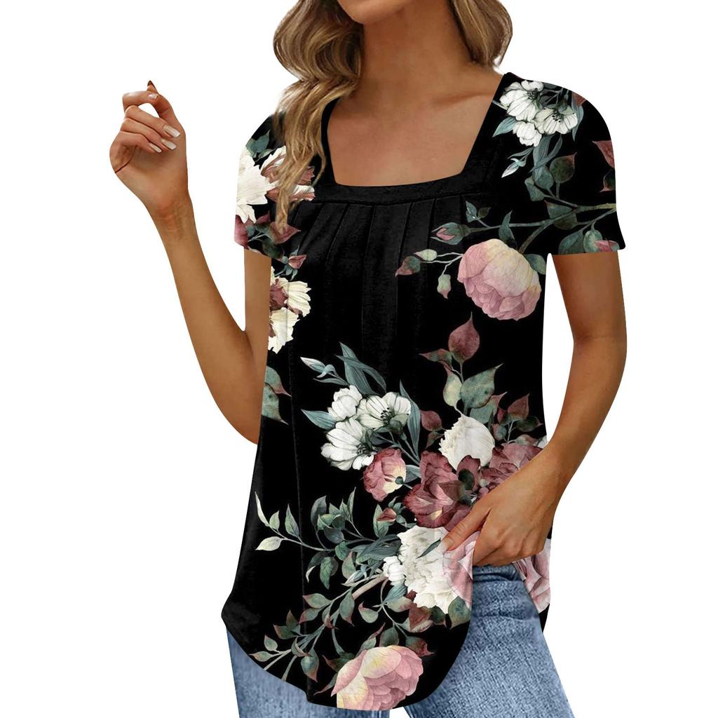 Women's Fashion Casual Square Neck Floral Print Short Sleeve T-Shirt Top