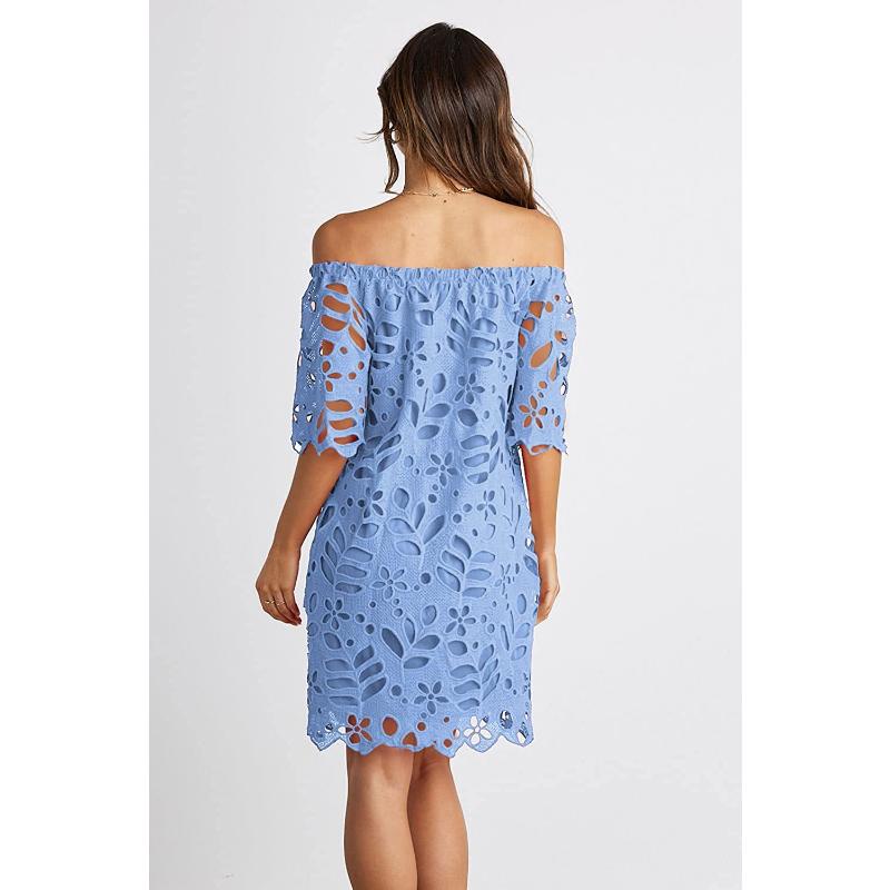 Mini Abito Estivo da Donna Scollo Bardot con Pizzo Floreale a Occhiolino Scollato Manica Corta Casual per Spiaggia Vacanza Festa