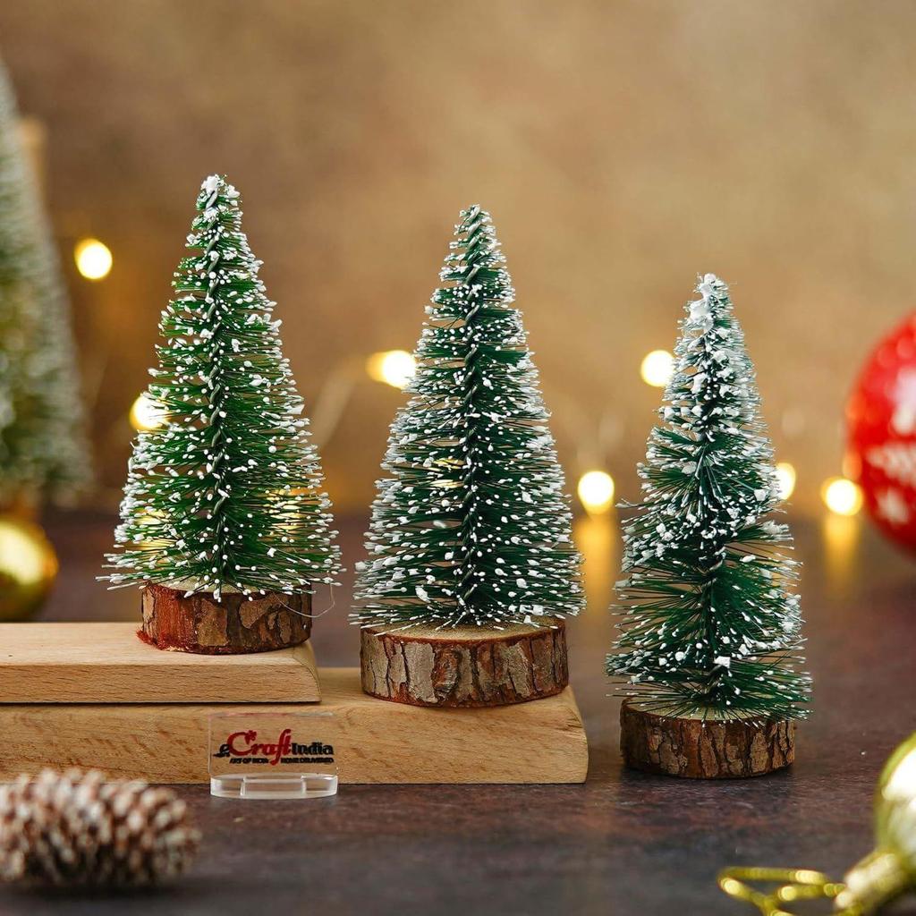 Green Frosted Bottle Brush Christmas Tree Wooden Base(Pack of 3) Small Christmas Tree for Table Home Office Church Decor|Merry Christmas Decorations