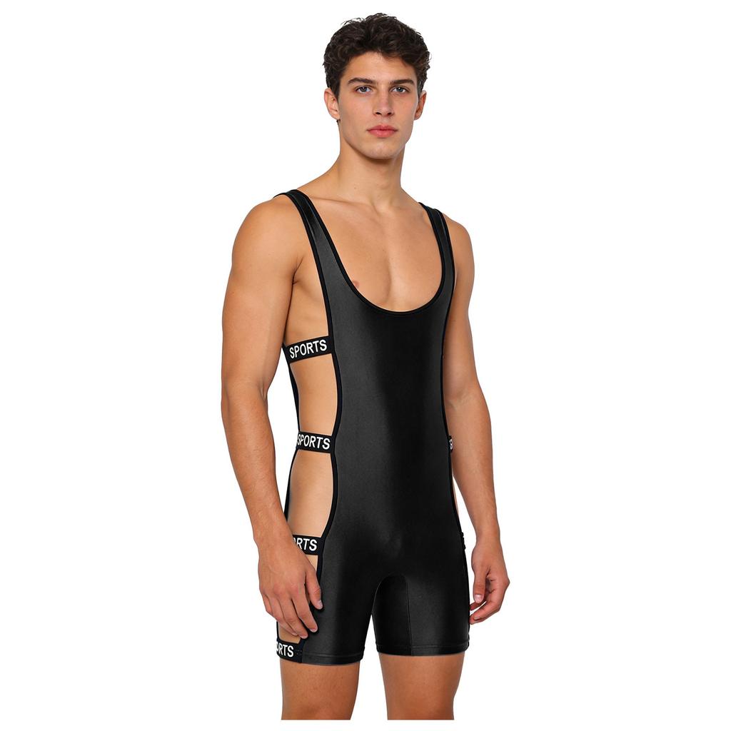 Men‘s Shiny One Piece Swim Bodysuit S-3XL Low Cut Neck Strappy Side Open Elastic Waistband Boxer Bottom for Bodybuilding Pool Training