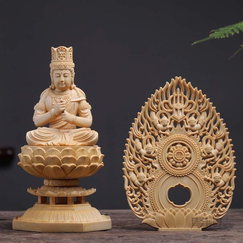 TheChanger Traditional Art Carving of Dainichi Nyorai, Shingon Buddhist Statue, Hinoki Wood Carving with Flying Celestial Being Halo and Octagonal Bas