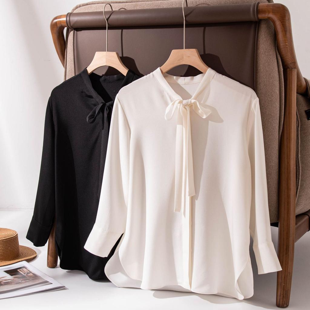 Spring drape satin shirt long-sleeved temperament shirt bow streamer professional wear thin temperament top