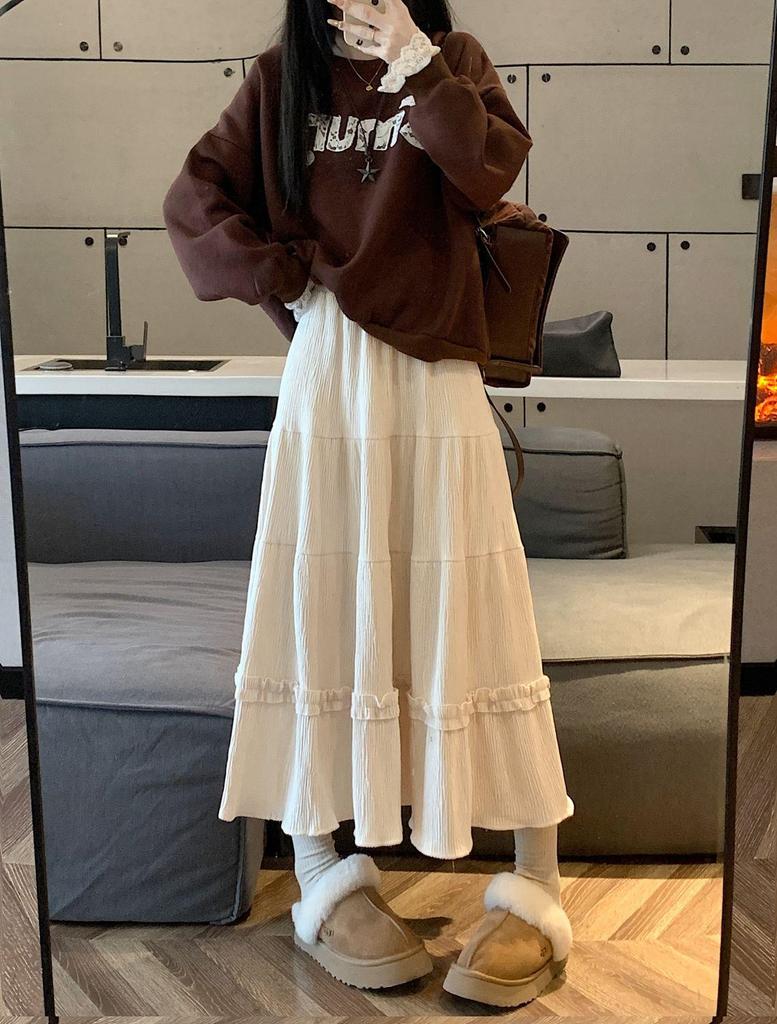 Women's High Waist Corduroy A-Line Mid-Length Skirt with Lace - Autumn/Winter 2025