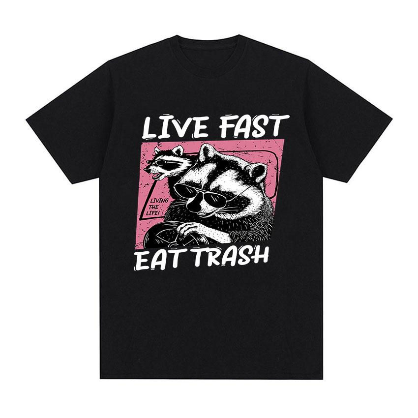 

Футболка с рисунком «Забавный енот Live Fast Eat Trash», унисекс, винтажная модная одежда, футболка, мужские уютные футболки большого размера из 100% хлопка