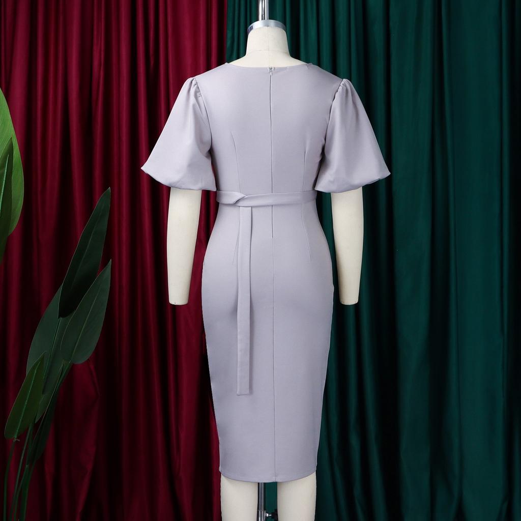 Office Ladie Bodycon Dresses V Neck Short Sleeve Solid Package Hips Mid Calf Professional Business Work Robe Dress