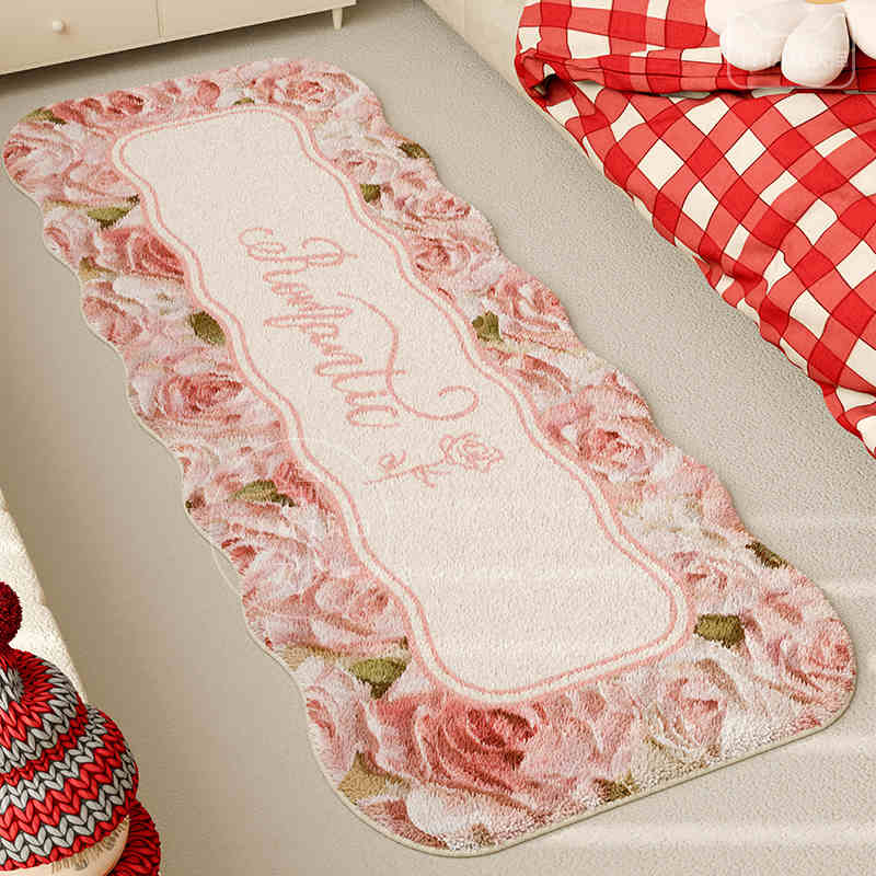 Ins Style Bedroom Decor Floral Bedside Rug Pink Plush Carpets for Living Room Cream Style Casual Rug Fluffy Soft Irregular Mat