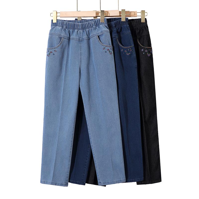 Middle Aged and Elderly High Waist Spring Jeans for Women Straight Leg Pants Middle-aged Women Loose Pants for Spring and Autumn