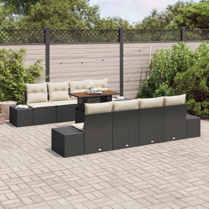VidaXL Ensemble de salle à manger de jardin 9 pièces avec coussins en poly rotin noir et acacia 3349935