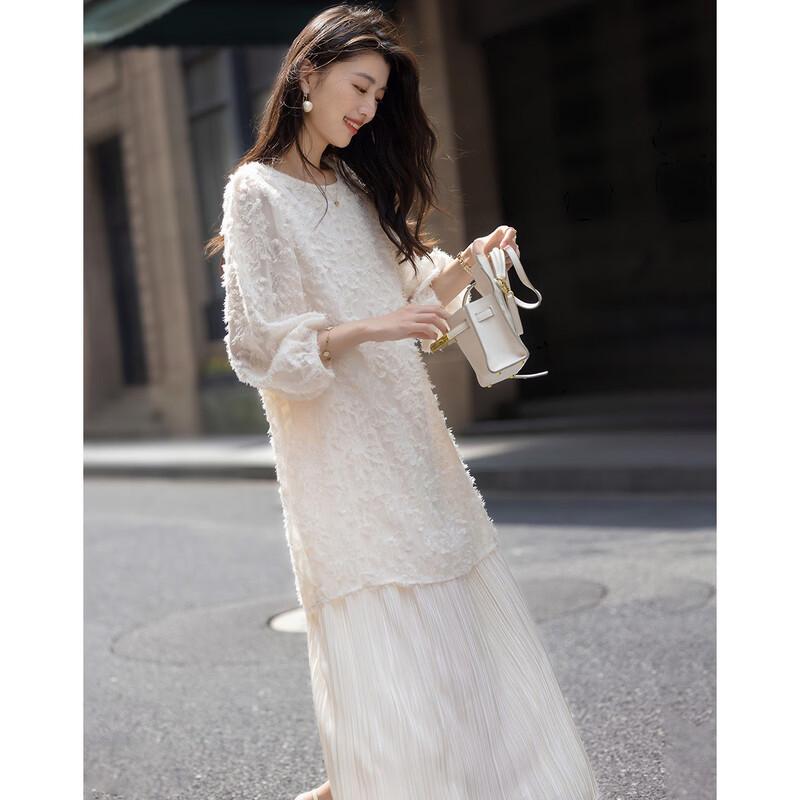 

DeMana Elegant Faux Two-Piece Jacquard Puff Sleeve A-Line Dress S