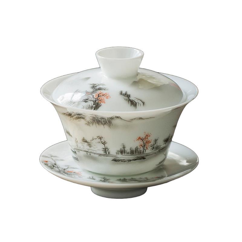 Dehua White Porcelain Landscape Gaiwan - Premium Kung Fu Tea Set with Three Talents Tea Bowl