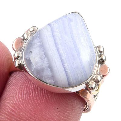 Natural Blue Lace Agate Gemstone 925 Sterling Silver Two Tone Ring Size 7 T3r27
