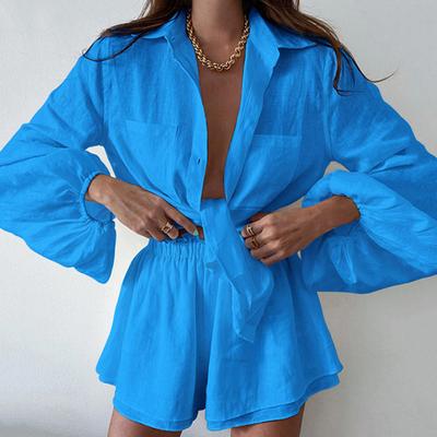 2 Τμχ/Σετ Γυναικείο Σετ Σούρες Ελαστικό Κορδόνι Μακρύ Μέσο Πλισέ Παντελόνι Πουκάμισο Σορτς Μανίκι Μπούφα Μονόκουμπο