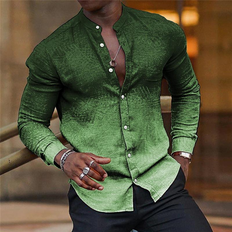 Spring and Autumn Gradient Men's Slim Casual Long Sleeve Stand Collar Turn-Up Shirt