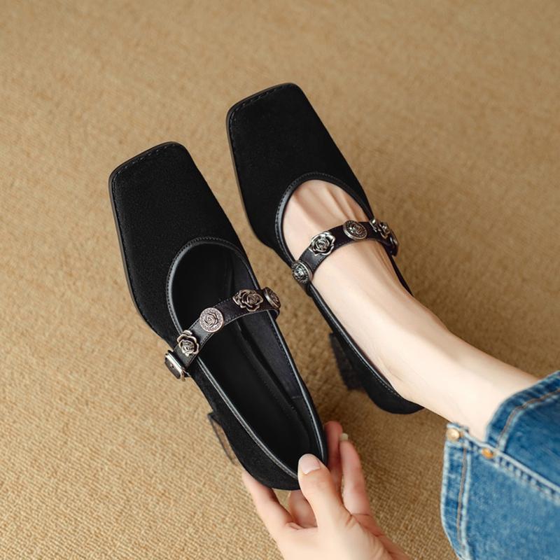 Fashion NEW Spring/Autumn Women Pumps Square Toe Chunky Heel Shoes Sheep Suede Leather Shoes for Women Slip-on Metal Buckle Strap Shoes