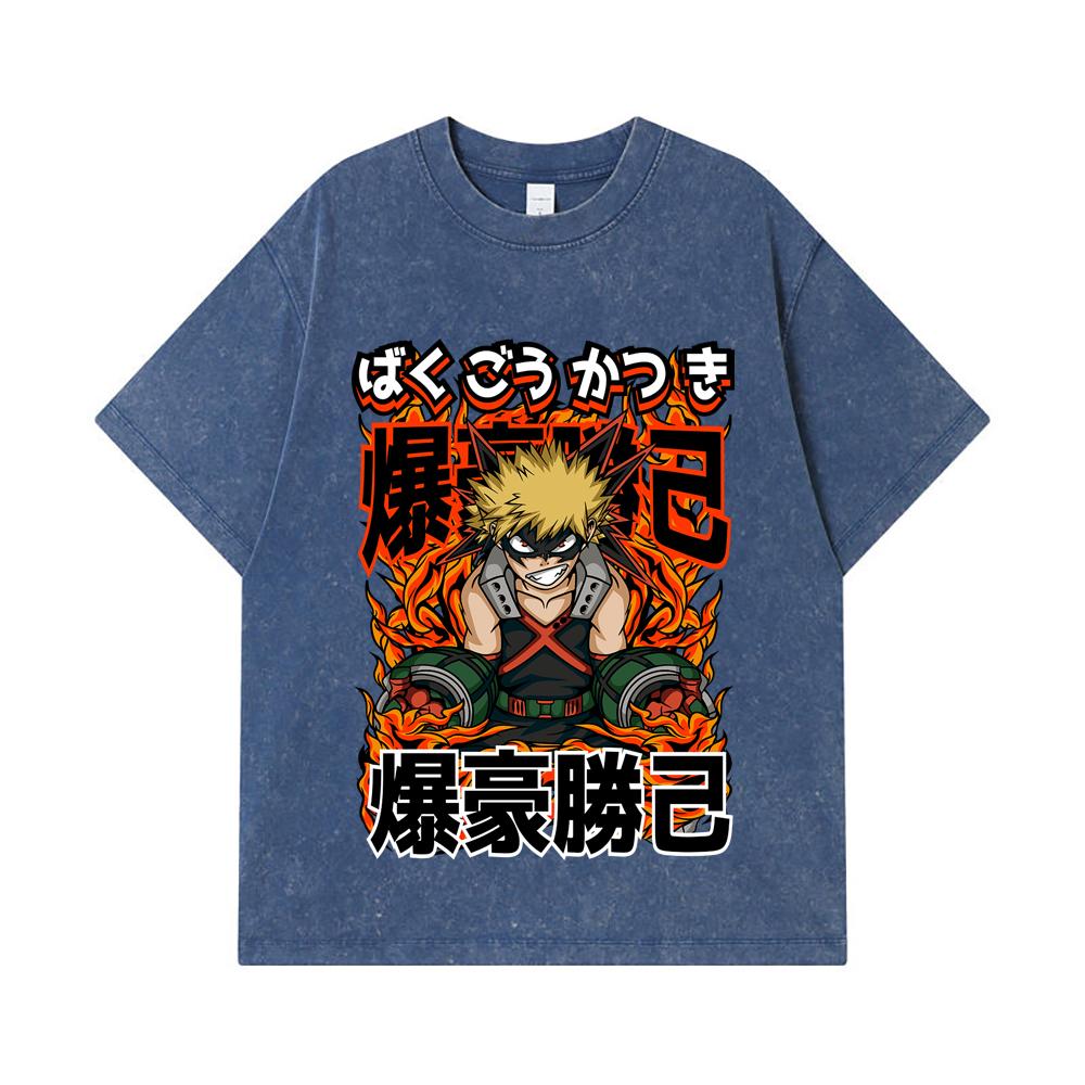 275 GSM Washed T-shirts 100% Cotton My Hero Academia V13 Bakugo Print Unisex Heavy Cotton T Shirt