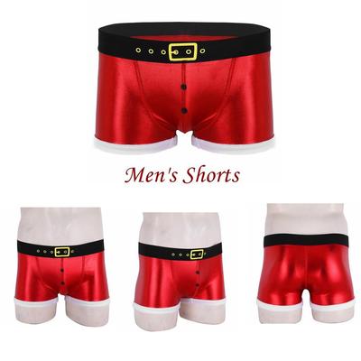 Christmas Underwear Men Red Faux Leather Belt Printed Panties Holiday Novelty Santa Claus Costume Male Sexy Tight Boxer Shorts