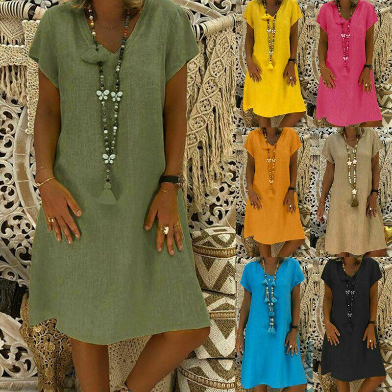 Stylish Summer Women's Short Sleeves V-neck Tunic Midi Dress For Plus Size Fashion