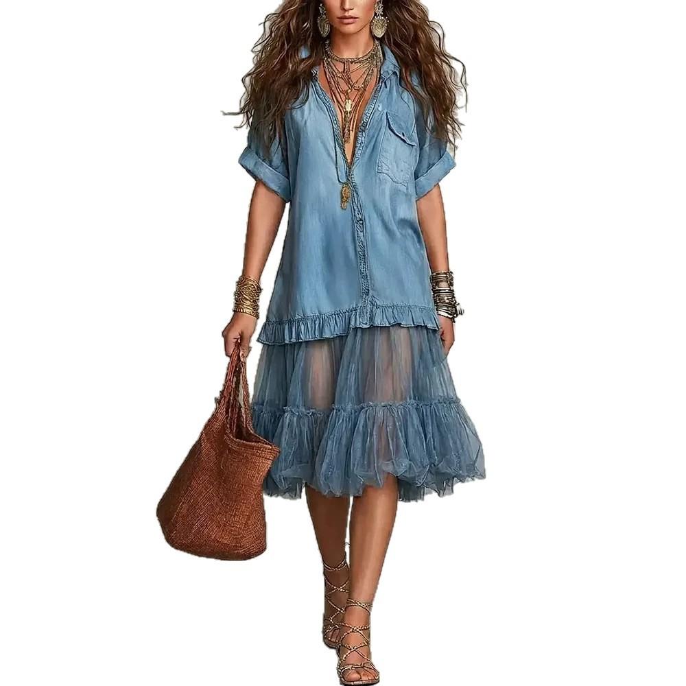European and American women's bohemian imitation denim splicing mesh dress