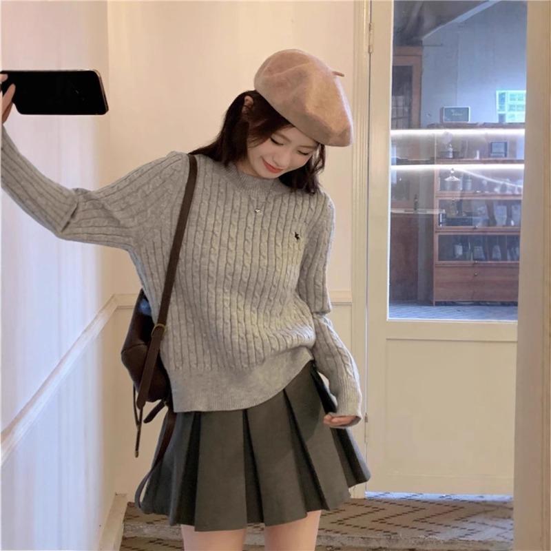 College Style Beige Thick Sweater Top Women's Autumn and Winter Design Sense Embroidered Twist Knitted Sweater with Bottom Coat